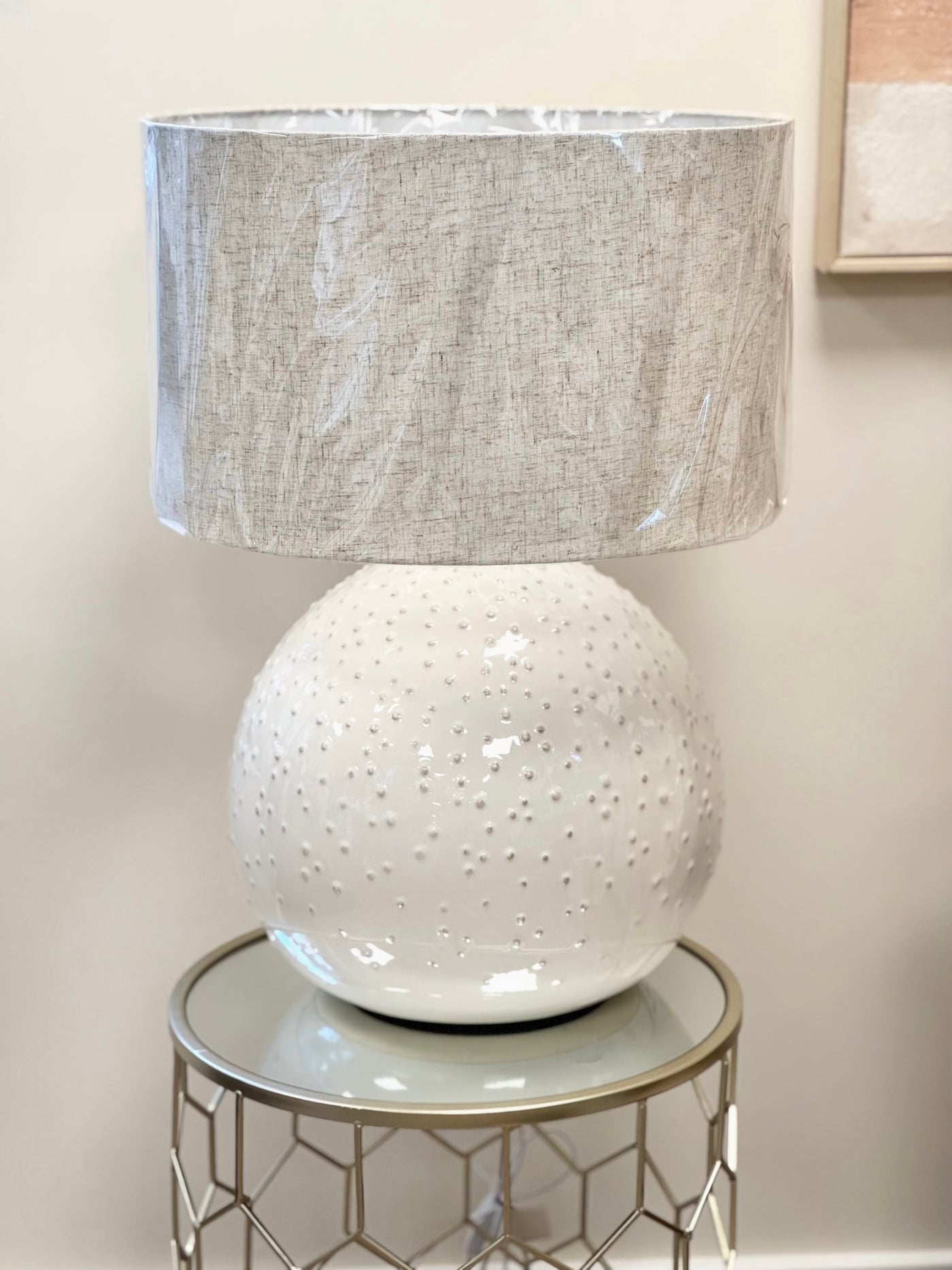 Cream Ceramic Pimpled Ball Table Lamp with Linen Shade