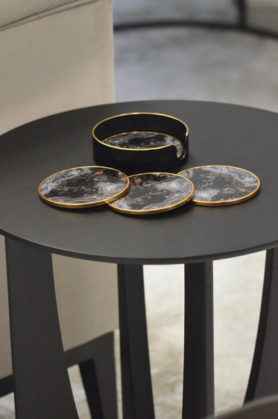 Set of 4 Black Marble Effect Coasters with Holder