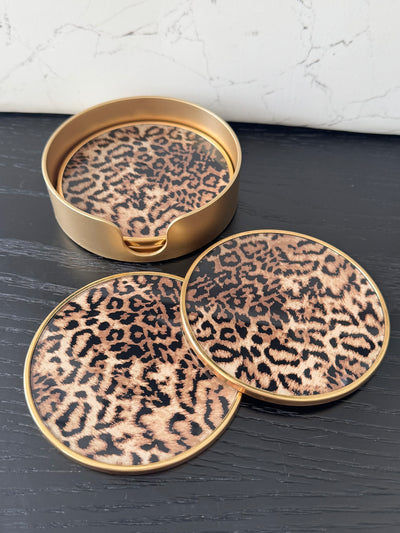 Set of 4 Leopard Print Coasters with Holder