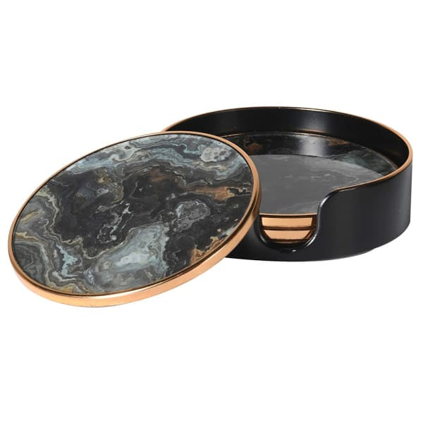 Set of 4 Black Marble Effect Coasters with Holder