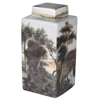 Medium Ceramic Palm Tree and Heron Lidded Jar