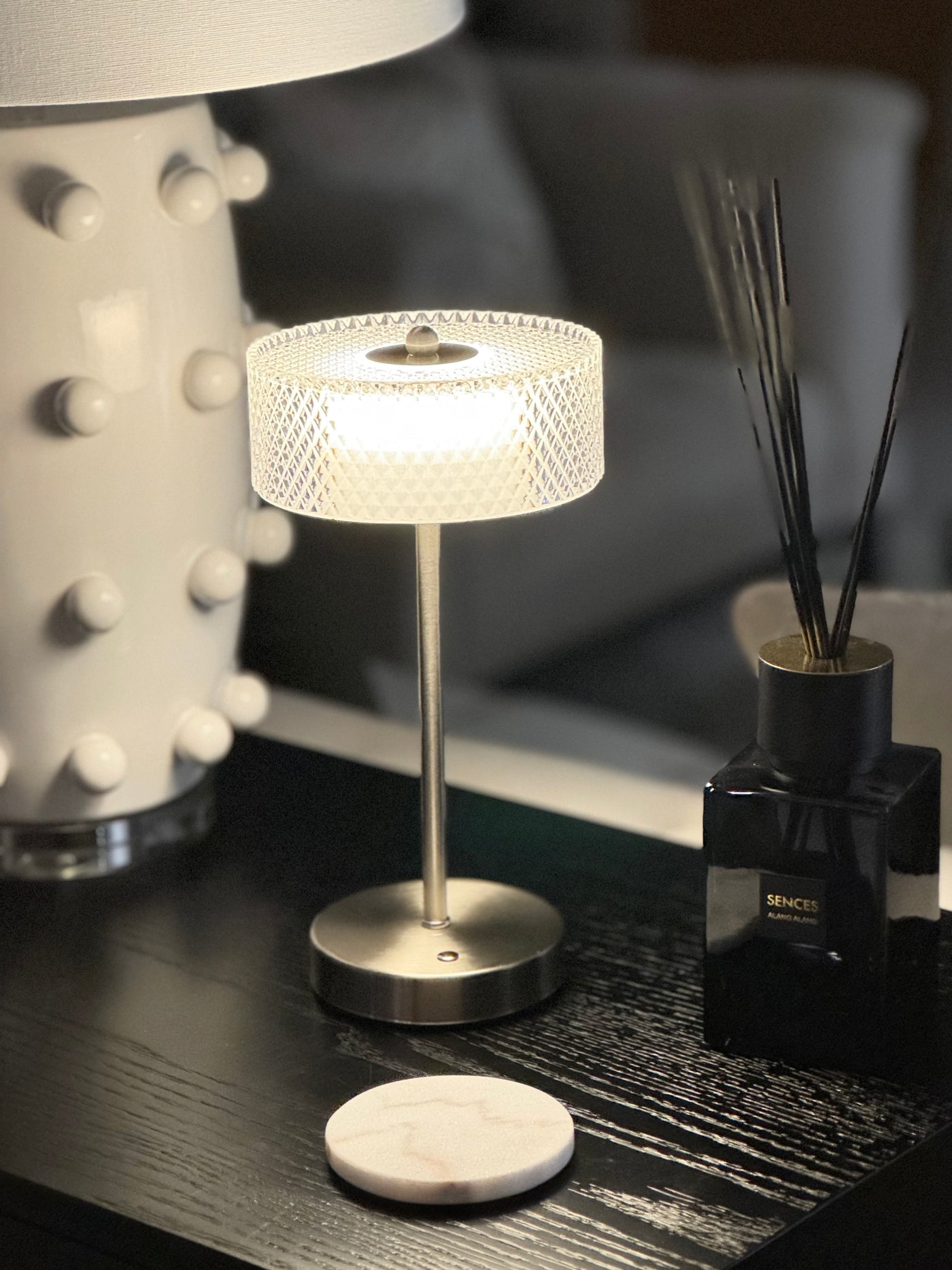 Nickel USB Touch Table Lamp with Crystal Effect Shade