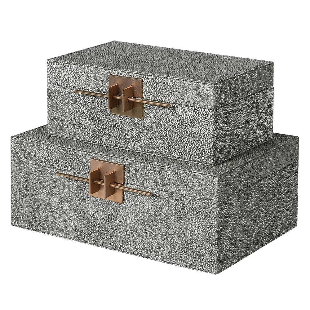  Set of 2 Grey Crossbar Shagreen Boxes