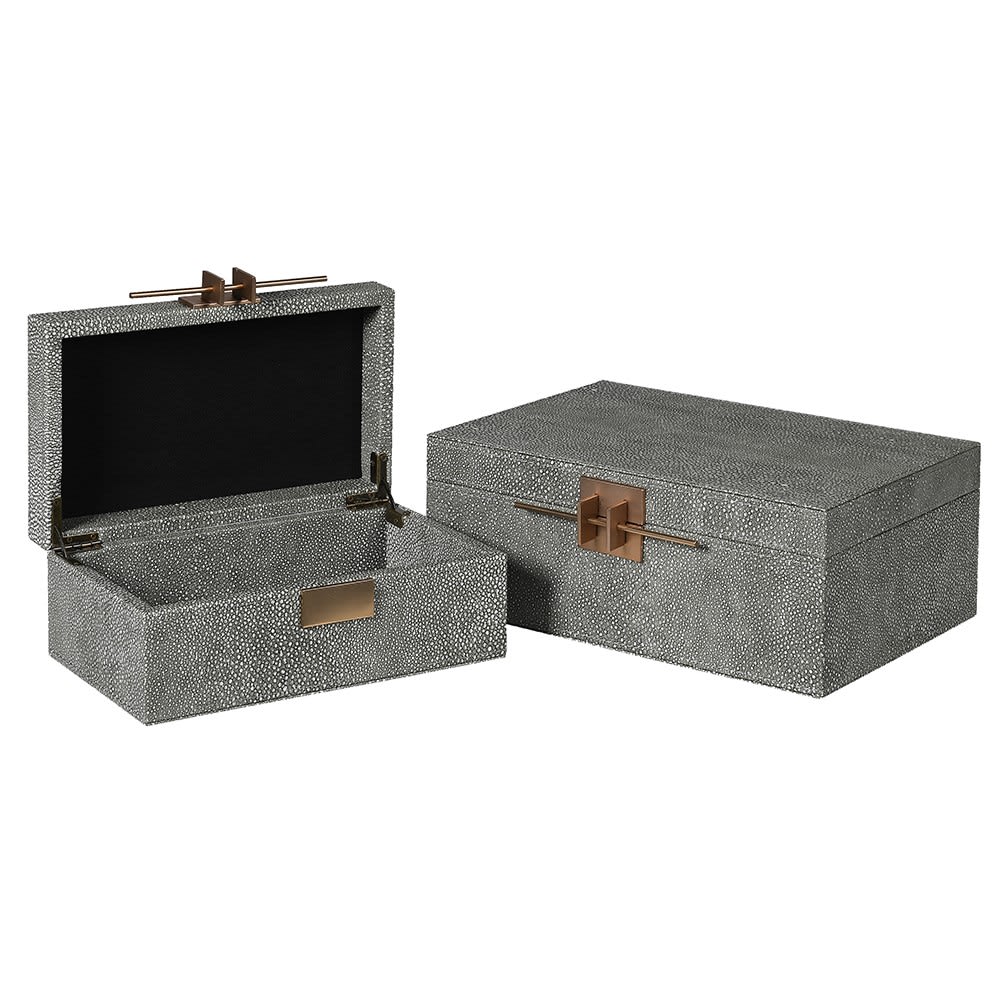  Set of 2 Grey Crossbar Shagreen Boxes