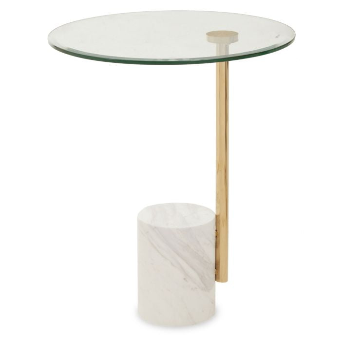 Norfolk Luxury Oria Clear Glass Side Table with Gold Frame and White Marble Base